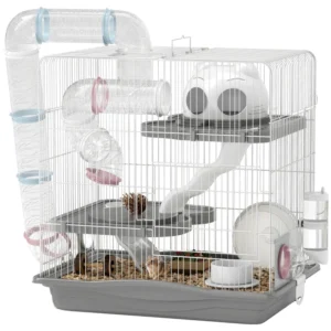 Cage à hamsters à 3 niveaux, cage à gerbilles portable avec roues d’exercice, gourde, gamelle alimentaire, pour hamsters nains, et souris,