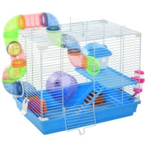Cage à hamster refuge à sur 2 niveaux avec système de tubes tunnel, roue d’exercice, gourde, gamelle alimentaire, et rampe.