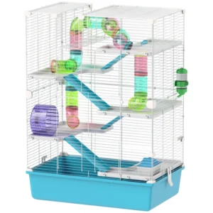 Cage à hamster 6 niveaux avec tunnels et tubes, cabane, roue, plat alimentaire, gourde, rampes.