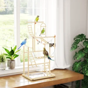 Aire de jeux pour oiseaux, support de jeu en bois à 4 étages avec échelles, jouet chaîne, gobelets en acier inoxydable et plateau pour petits oiseaux.