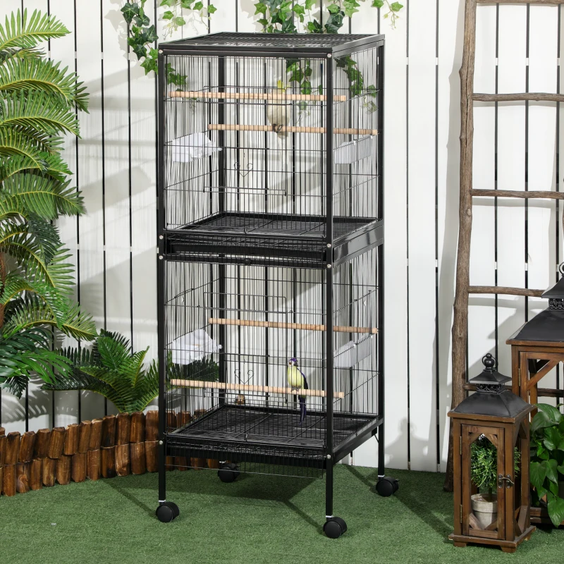 2 en 1 cage à oiseaux Avier Maison pour perruches pour pinsons, perruches ondulées avec roues, plateaux coulissants, perchoirs en bois.