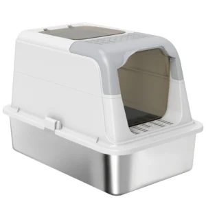 Boîte à litière en acier inoxydable extra large, litière fermée pour chats pour gros chats avec cuillère et sac désodorisant.