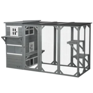 Cat Catio en bois, maison extérieure à chats de 76"L avec toit en asphalte, plateformes, portes verrouillables.