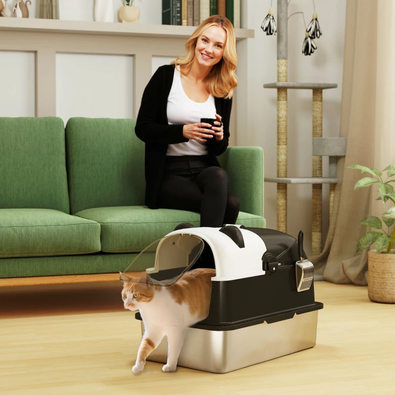 Bac à litière pour chat XL en acier inoxydable avec couvercle, litière fermée avec cuillère. – Image 3