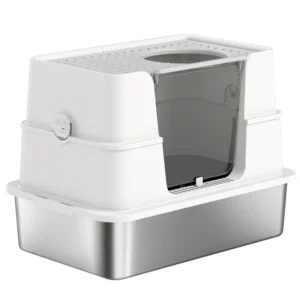 Bac à litière en acier inoxydable XL avec couvercle à 100°double entrée latérale, sans odeur, facile à nettoyer, anti-fuite.