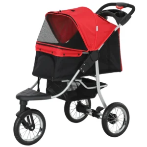 Poussette pour petits chiens, jogger pour animaux à 3 roues en caoutchouc, poussette tout-terrain pliable facile à un clic, auvent réglable, porte de fenêtre en filet zippée, panier de rangement.