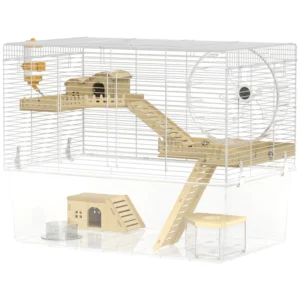 Cage de hamster avec fond profond, rampe en bois, cabane, salle de bain et roue d’exercice pour hamsters.