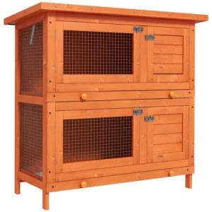 Cage en bois à 2 étages pour lapins en bois, Petite maison avec 2 pièces principales, plateau coulissant, et couvercle ouvert
