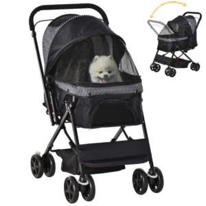 Poussette pliante pour chiens et chats, a  4 roues avec frein de roue, auvent à 3 étages, porte de fenêtre en filet.