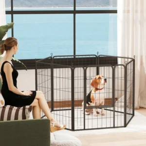 Parc de jeu pour chiens 6 panneaux Robuste intérieur extérieur avec porte et sangle, parc portable et pliable de 31,5" de hauteur.