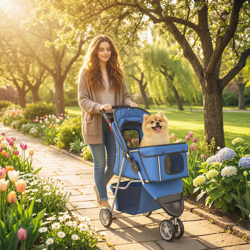 Poussette pliante 3 roues avec panier de rangement, auvent réglable, porte gobelet pour petits chiens miniatures et petits – Image 6