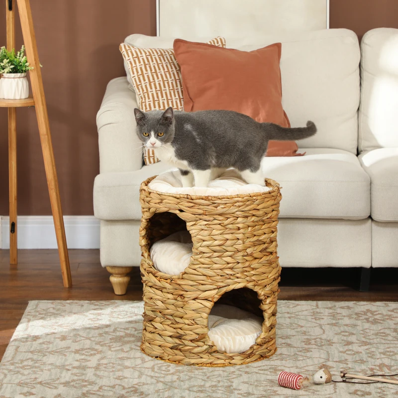 Tonneau de condo pour chats de 2 étages, petite tour d’arbre à chats avec perchoir au sommet et 2 couloirs, 2 entrées, 3 coussins – Image 2