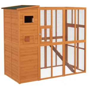 Cage à chat de 68,7" en h, grande maison extérieure en bois avec grand enclos pour jouer, catio pour se détendre et espace de condo pour dormir.