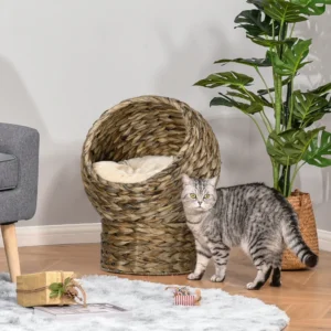Lit pour chat en osier avec coussin, support pour chats d’intérieur