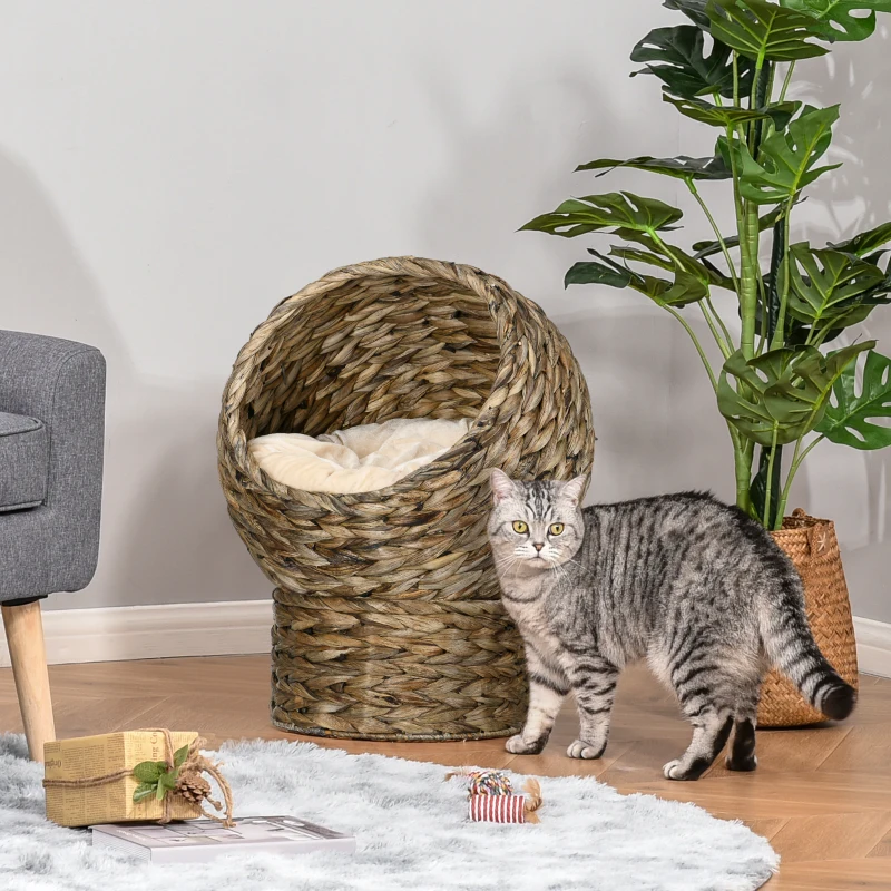 Lit pour chat en osier avec coussin, support pour chats d’intérieur