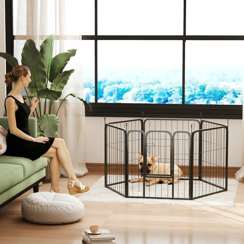 Parc de jeu pour petits chiens, chiots, Idéal pour lapins, furets, cochons d’Inde, 6 Panneaux Robuste intérieur extérieur avec porte et sangle, 39" de hauteur portable et pliable parc pour animaux. – Image 3