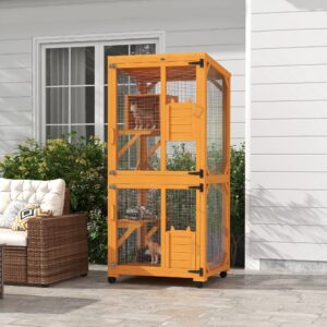Catio en extérieur, design surélevé, avec roues, boîte de repos, résistant à l’eau, plateformes multiples.