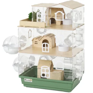 Grande cage à hamsters, habitat acrylique à 3 niveaux avec bouteilles d’eau, roue de course pour souris domestiques, hamster nain.