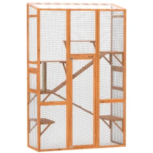 Enclos extérieurs pour chats en bois Wood Catio avec 6 plateformes de saut, griffoir, 2 rampes, toit étanche
