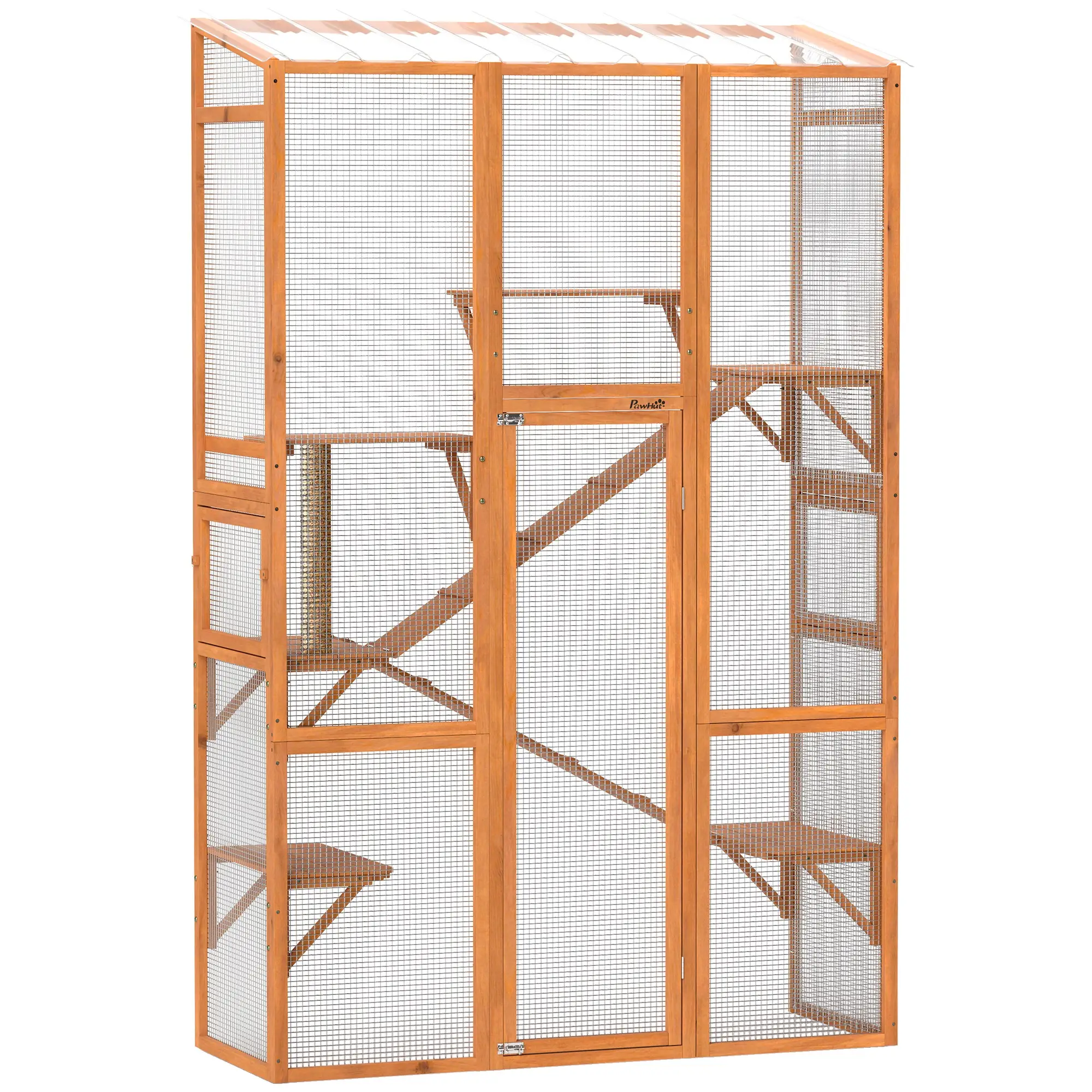 Enclos extérieurs pour chats en bois Wood Catio avec 6 plateformes de saut, griffoir, 2 rampes, toit étanche