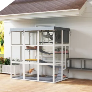 Enclos extérieurs pour chats Catio 71" avec bâche étanche, hamac, condo, plateformes de saut, échelles, et rampes.