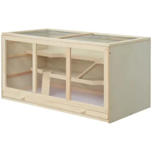 Cage en bois pour rats avec toboggan, et plateau.