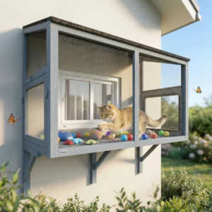 Terrier extérieur pour chats Catio Terrarium en bois extensible avec 2 portes pour fenêtre, 51,2"L