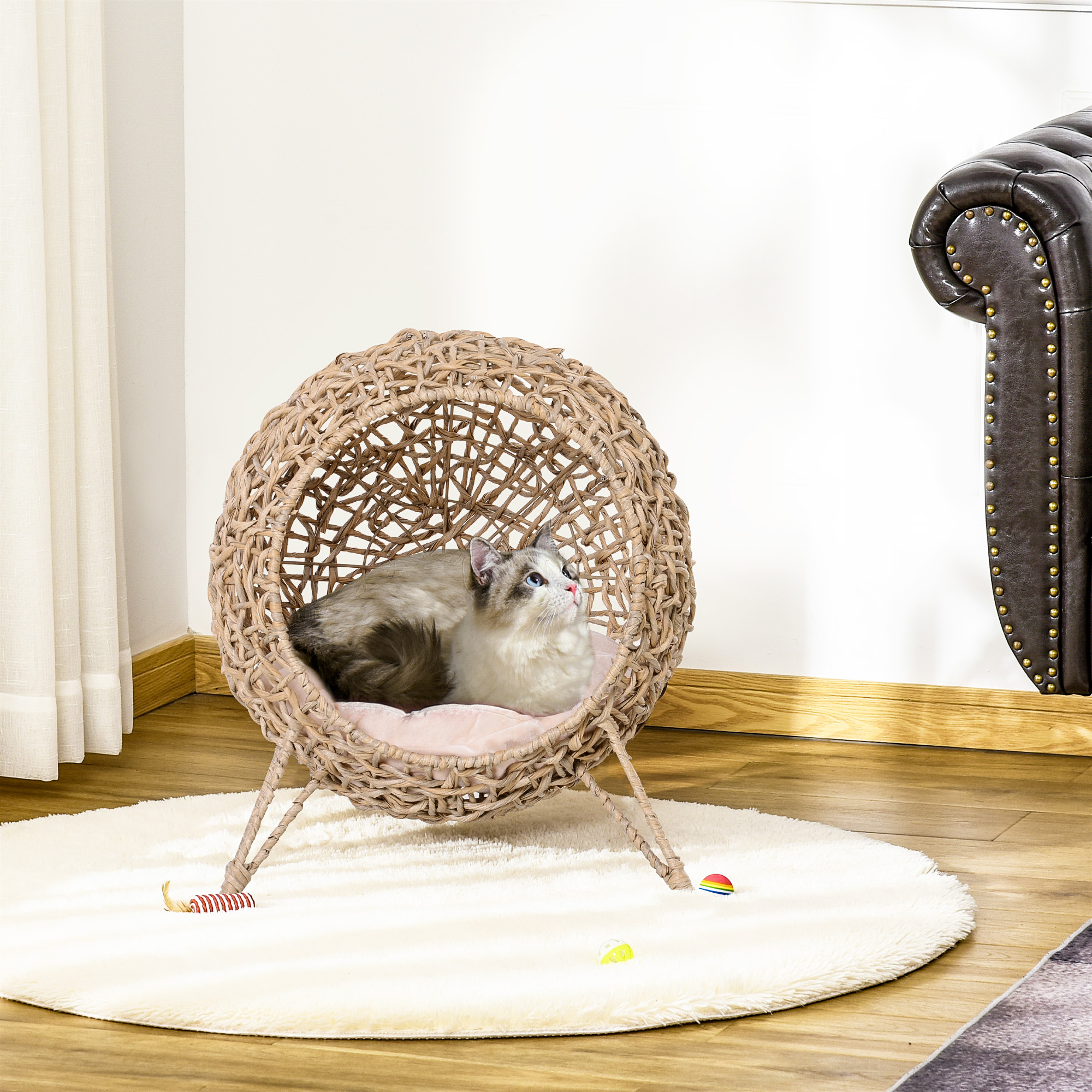 Nichoir en rotin avec coussin, lit surélevé en osier pour chats d’intérieur, bois naturel – Image 2