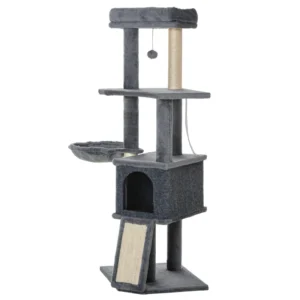 Arbre à chat de 50 pouces, a plusieurs niveaux avec griffoirs en sisal et rampe, lit, condo, hamac, et  balle jouet.