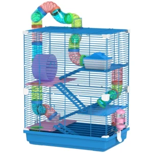 Cage à hamster à 5 étages portable avec roues d’exercice Tube de bouteille d’eau Assiettes Échelle pour gerbilles