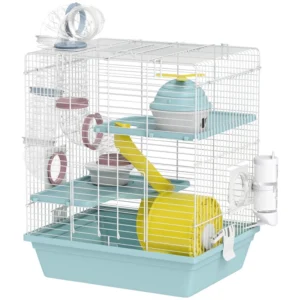 Cage à hamster à 3 niveaux avec roue d’exercice, tube de jeu, bouteille d’eau, gamelle alimentaire, cabane, et échelle.