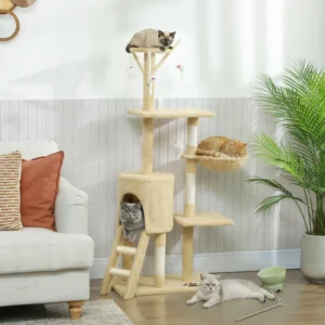 Tour d’arbre à chat de 53", centre d’activités pour chatons avec griffoirs, condo, perchoirs, échelle, hamac, jouets suspendus.