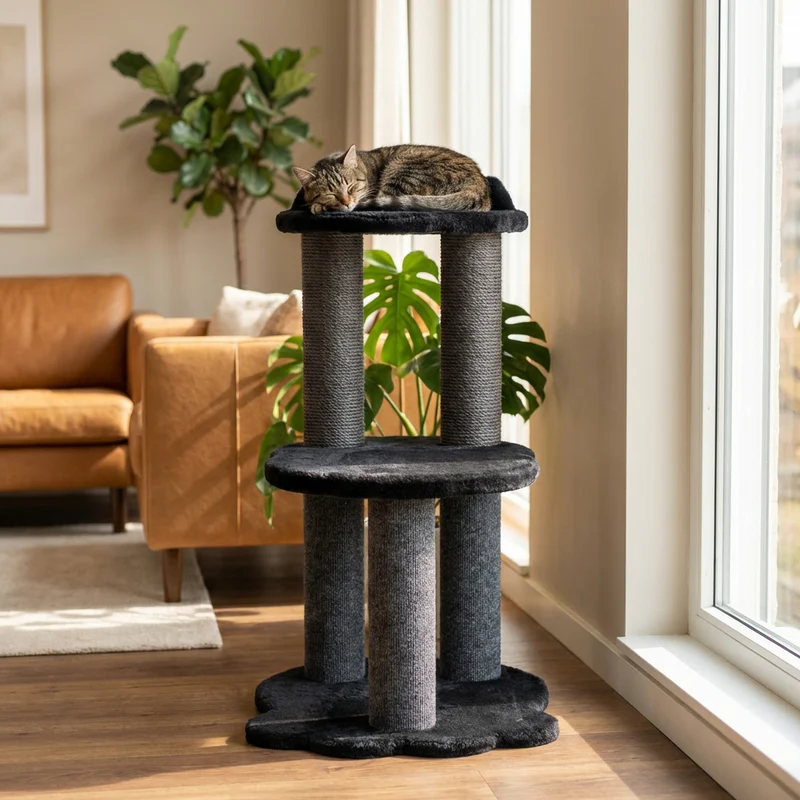 Relaxation - Arbre à chat à 2 niveaux - Fausse fourrure noire – Image 2