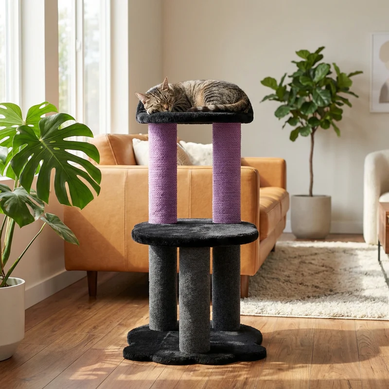 Relaxation - Arbre à chat à 2 niveaux - Fausse fourrure noire