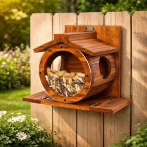 Station d'alimentation pour animal de compagnie de jardin, Mangeoire pour hamster en bois avec doubles trous d'alimentation latéraux.