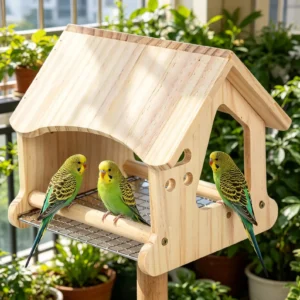 Maison pour oiseaux en bois massif faite main avec maille rétractable en acier inoxydable, cachette d'oiseau pour inséparable calopsitte