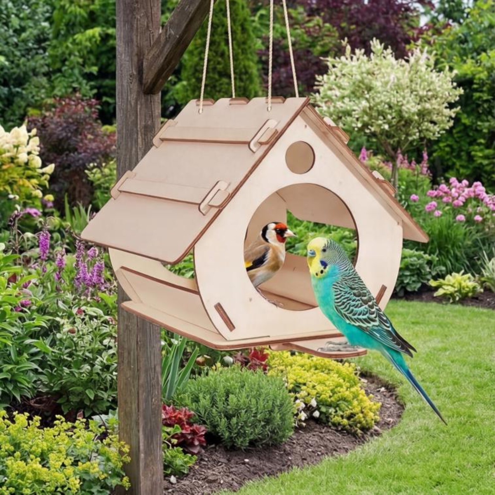 Mangeoire à oiseaux en bois - Nichoir de jardin extérieur suspendu, décoration de jardin et cadeau animalier – Image 2