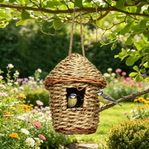 Nid d'oiseau suspendu tissée à la main, maison de colibri de jardin extérieur, ornement de cour tressé en paille.