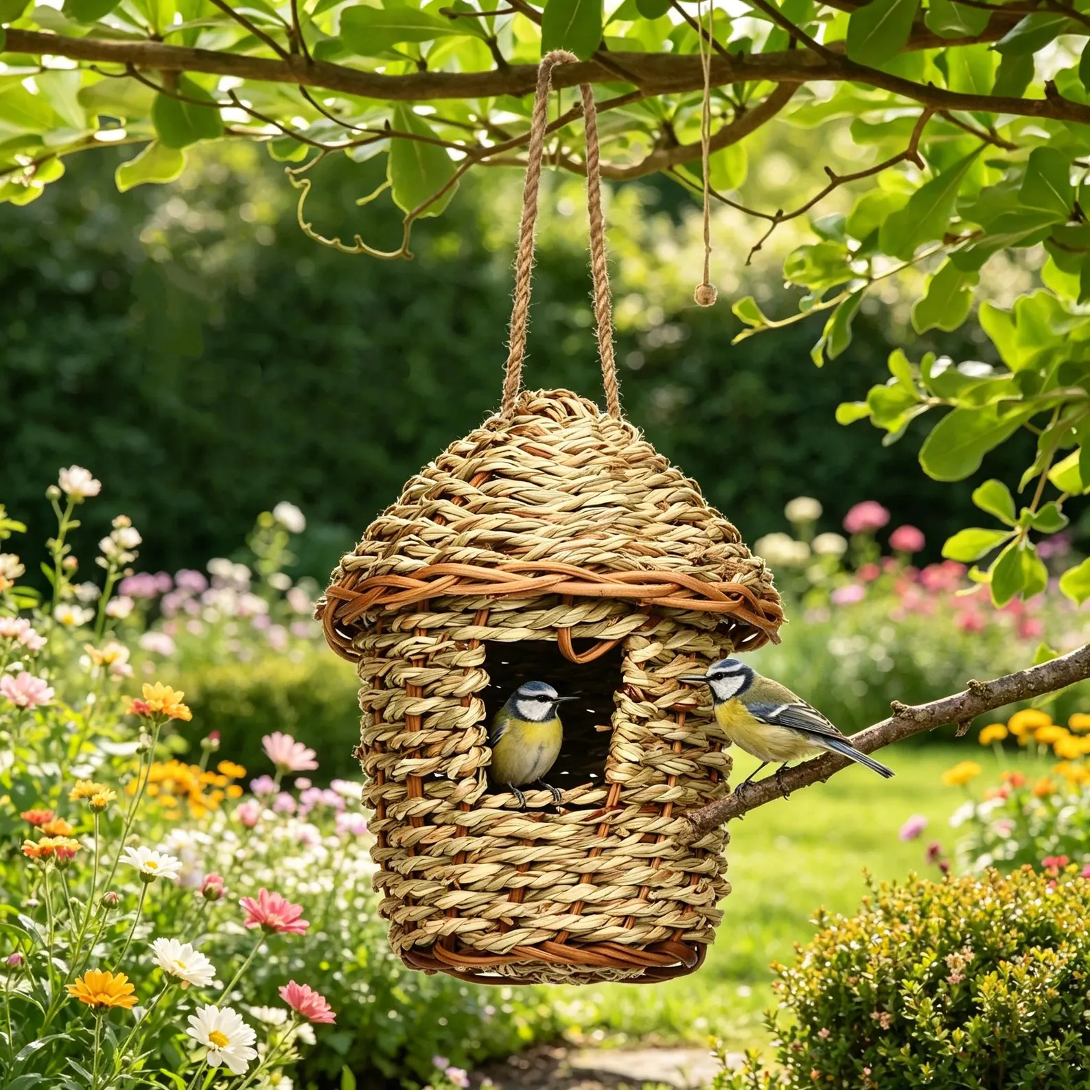 Nid d'oiseau suspendu tissée à la main, maison de colibri de jardin extérieur, ornement de cour tressé en paille.