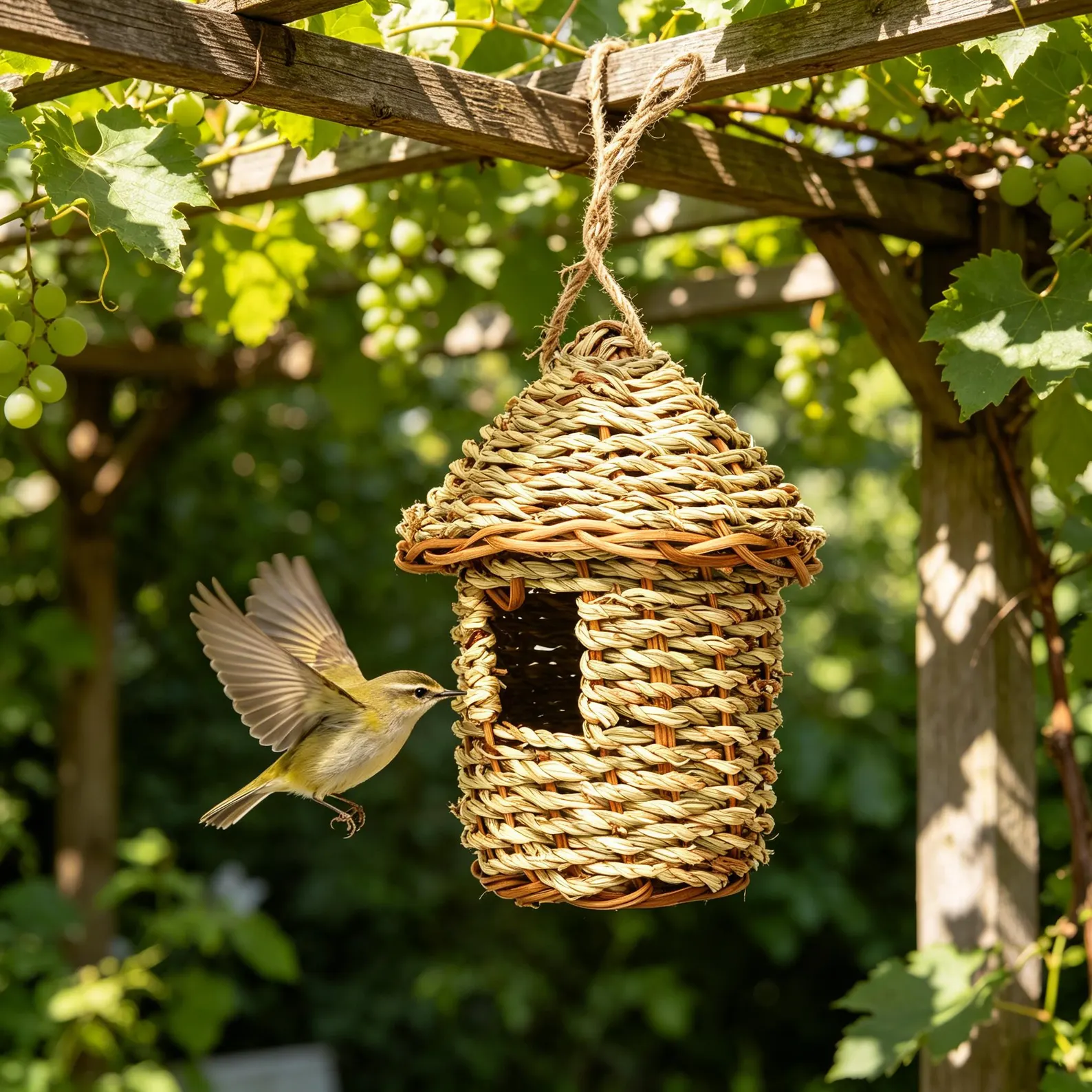 Nid d'oiseau suspendu tissée à la main, maison de colibri de jardin extérieur, ornement de cour tressé en paille. – Image 2