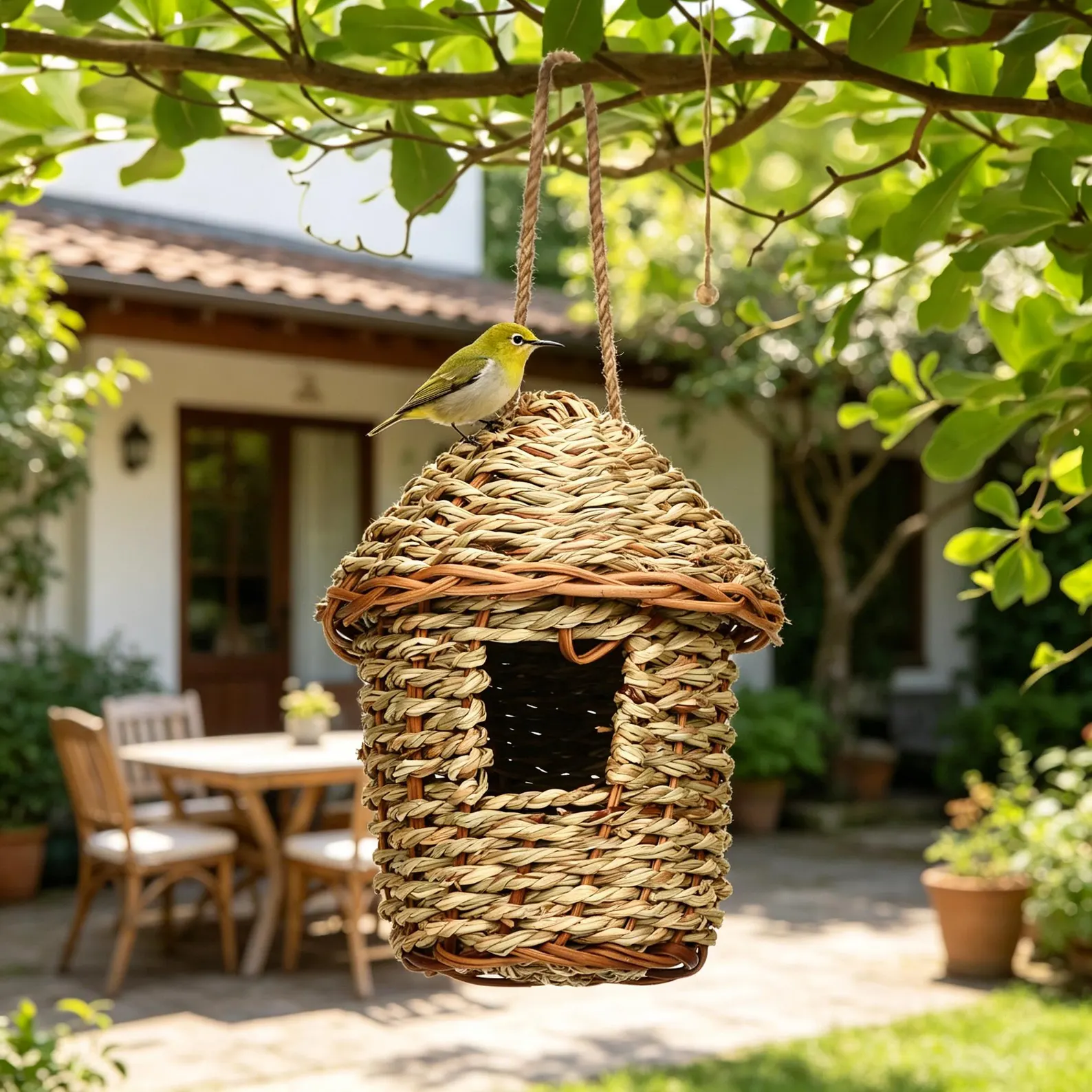 Nid d'oiseau suspendu tissée à la main, maison de colibri de jardin extérieur, ornement de cour tressé en paille. – Image 3