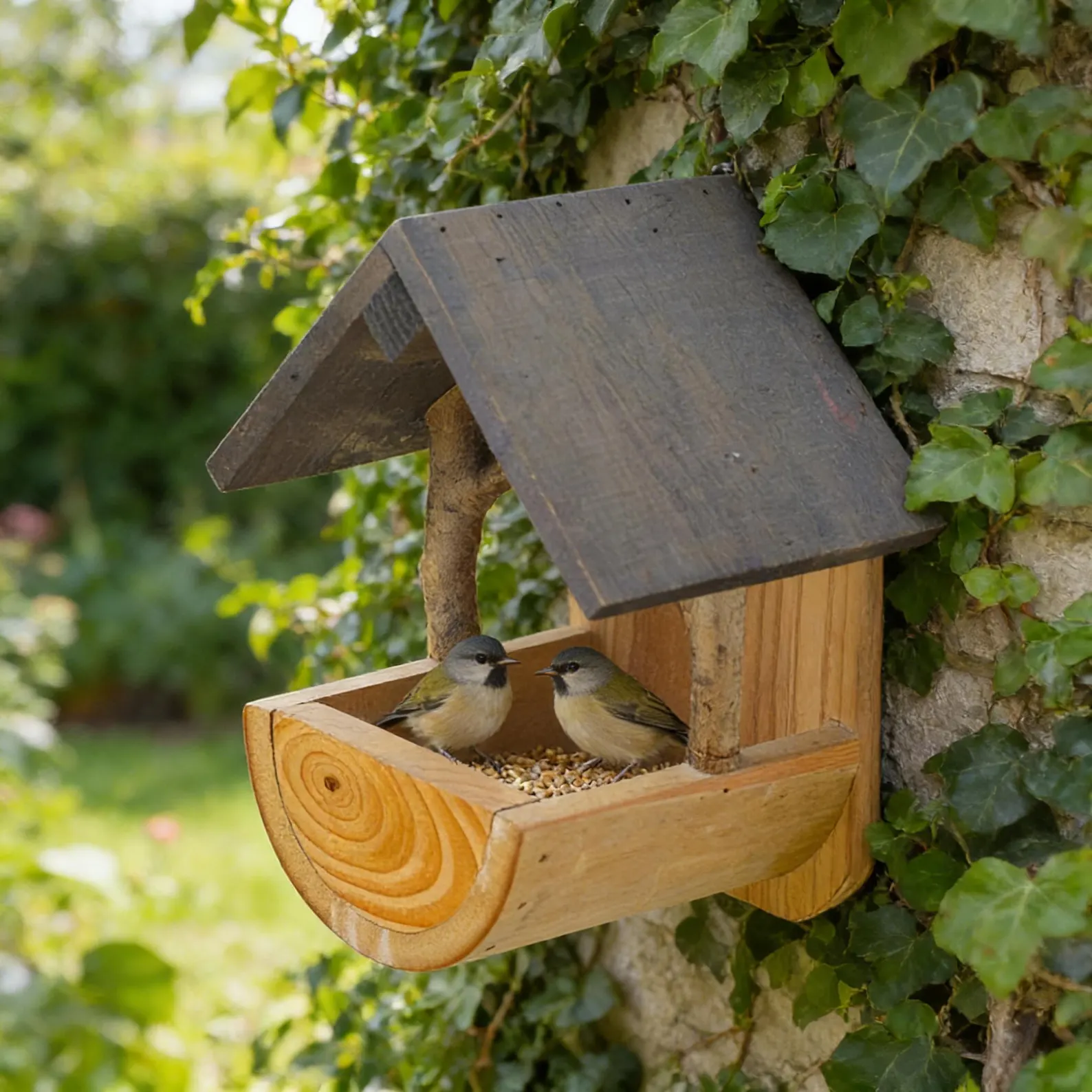 Mangeoire à oiseaux murale en bois - Ornement extérieur de grande capacité, accessoire de jardin en bois naturel – Image 3