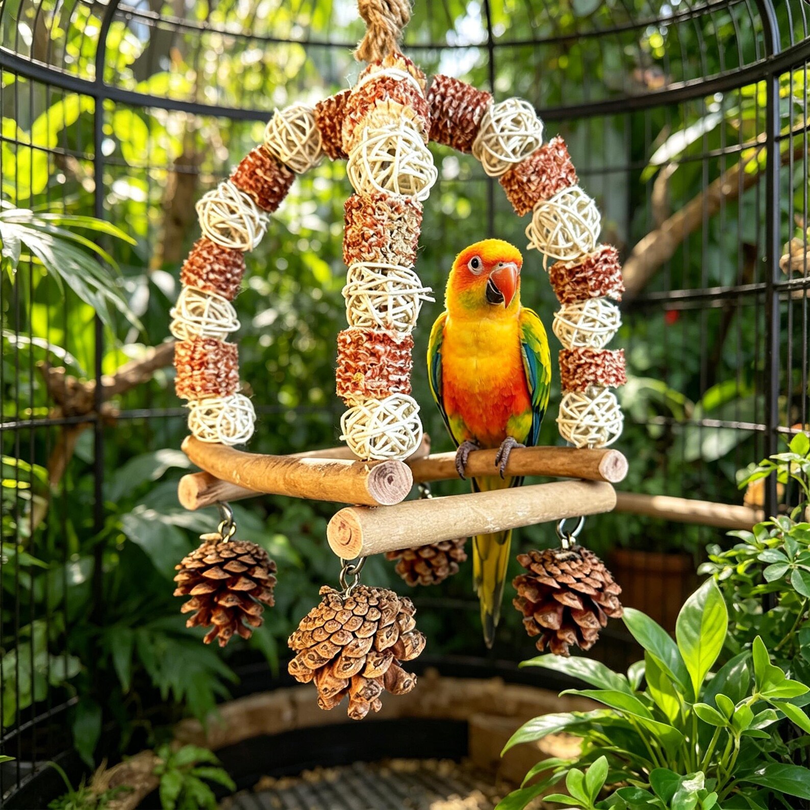 Balançoire pour perroquet, balle en rotin et cage à oiseaux en balles de maïs, décoration de cage à oiseaux suspendue pour perruches, calopsittes, tourtereaux. – Image 2