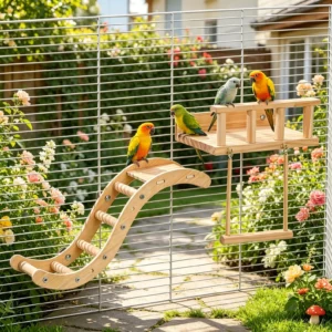 Support de jeu en bois pour perroquets et oiseaux, 3-en-1 aire de jeu de table.