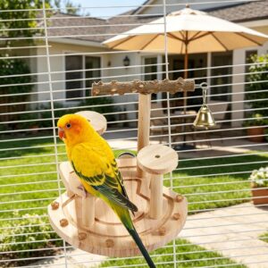 Jouet avec clochette, décoration de cage à oiseaux et jouet d'activité, perchoir en bois amusant pour calopsittes, perruches et petits oiseaux.