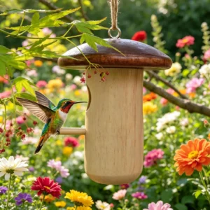 Mangeoire à colibris suspendue en bois en forme de champignon, à nectar de jardin suspendue pour décoration.
