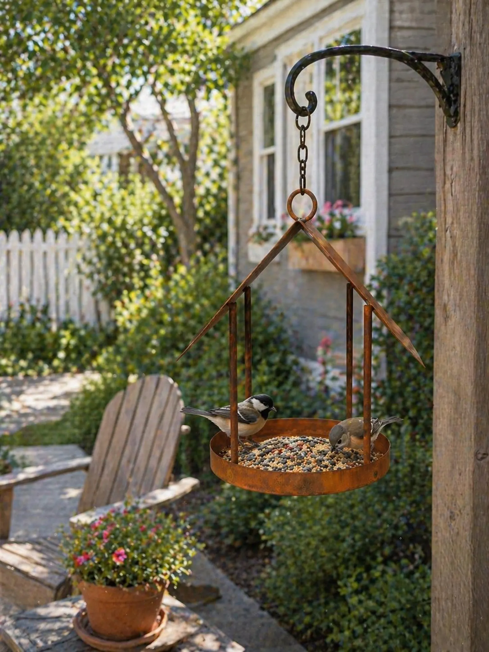 Mangeoire à oiseaux personnalisée en métal rouillé avec toit – Image 3
