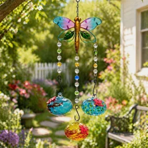 Mangeoire à colibri libellule à suspendre, mangeoire à nectar en verre soufflé à la main avec perles.