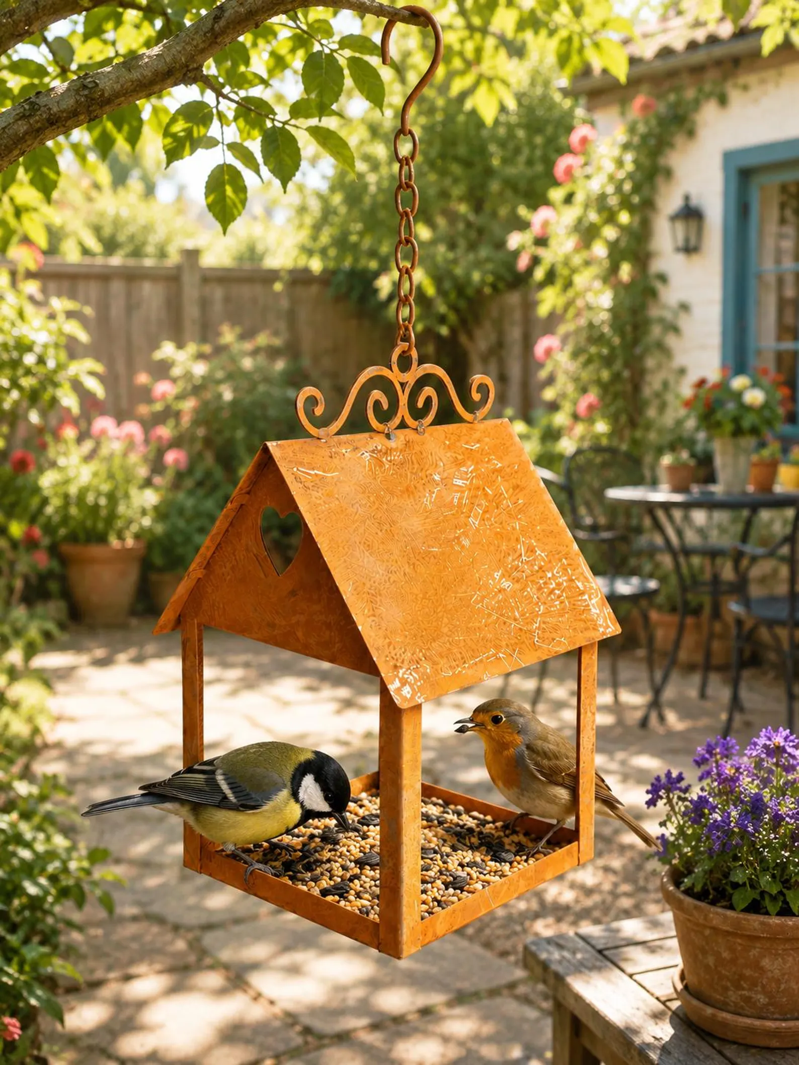 mangeoire de jardin suspendue en métal rouillé, cadeau de décoration. – Image 3