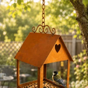 mangeoire de jardin suspendue en métal rouillé, cadeau de décoration.
